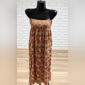 Strapless Tropical Print Maxi Dress - Orange Floral